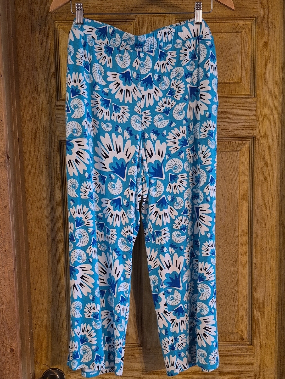 Susan Graver Soleil Printed Knit Ankle Pants Turquoise White Blue Pockets  XLP